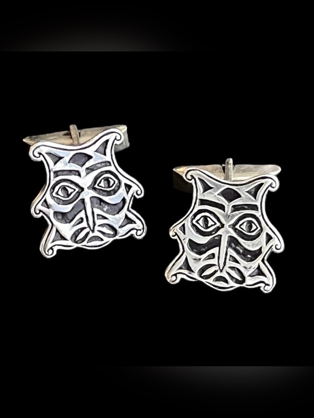 Vintage Mexican sterling silver and alpaca warrior mask mens cuff links